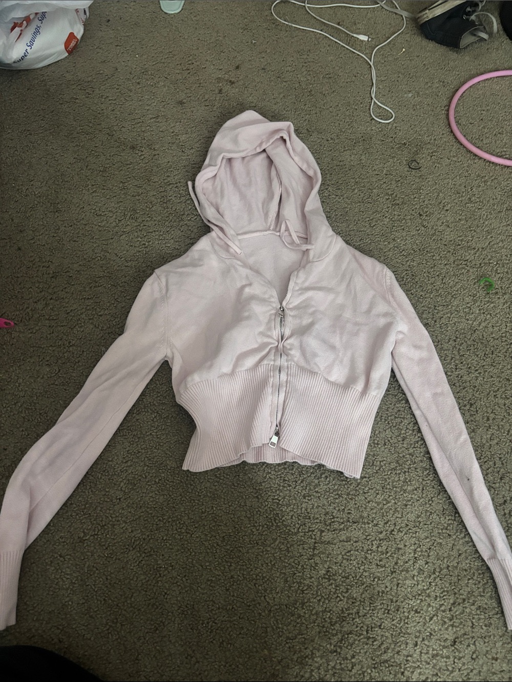 Light Pink Hooded Zip-Up Crop Top